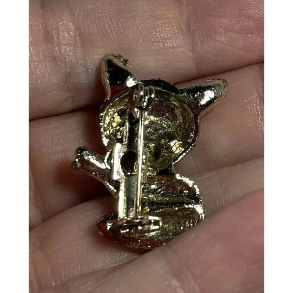 Gold Tone Fox Animal Brooch Pin Rhinestone Brown Eyes‎